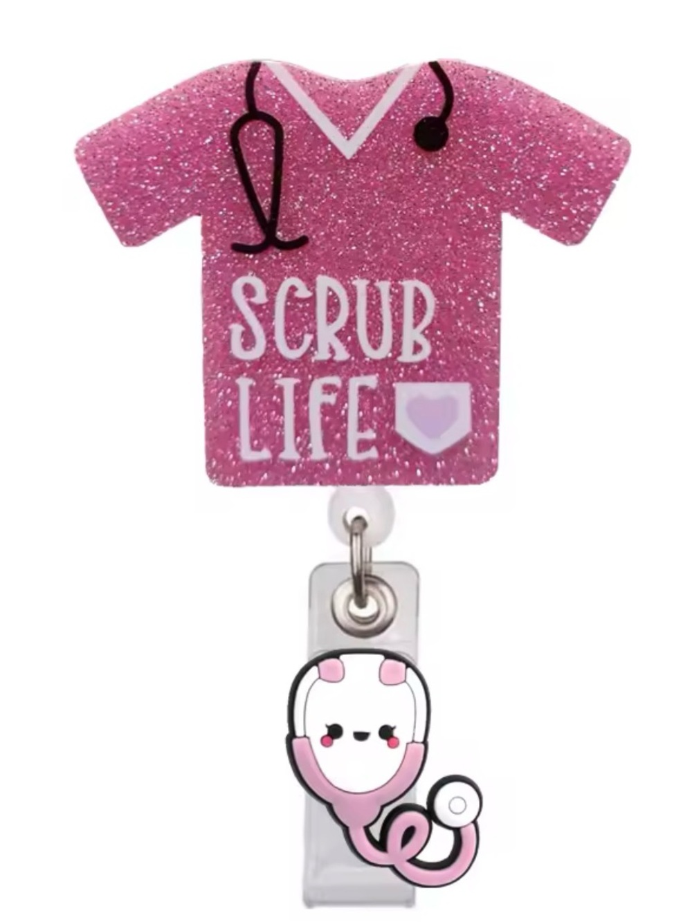 Pink 'Scrub Life' Nurse Badge Retractable Reel with Stethoscope Charm